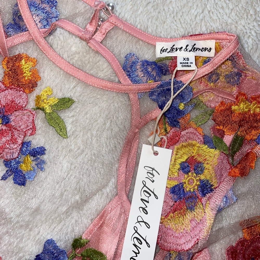 For Love & Lemons Percy Pink Long Sleeve Floral Mesh Mini Dress - Picture 3 of 10